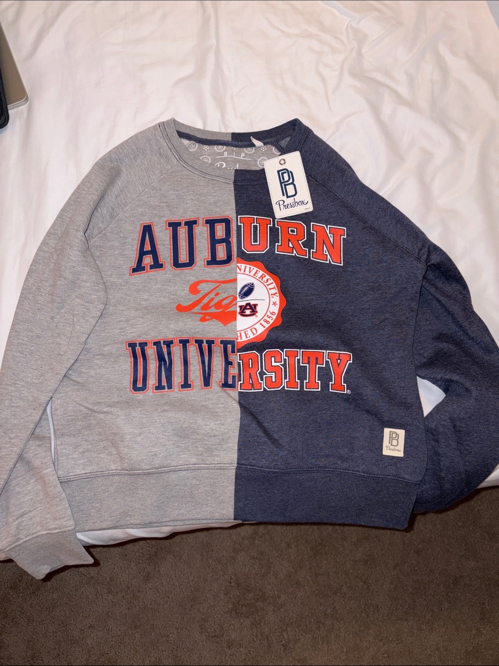 Pressbox Split Gray and Navy Auburn University Crewneck